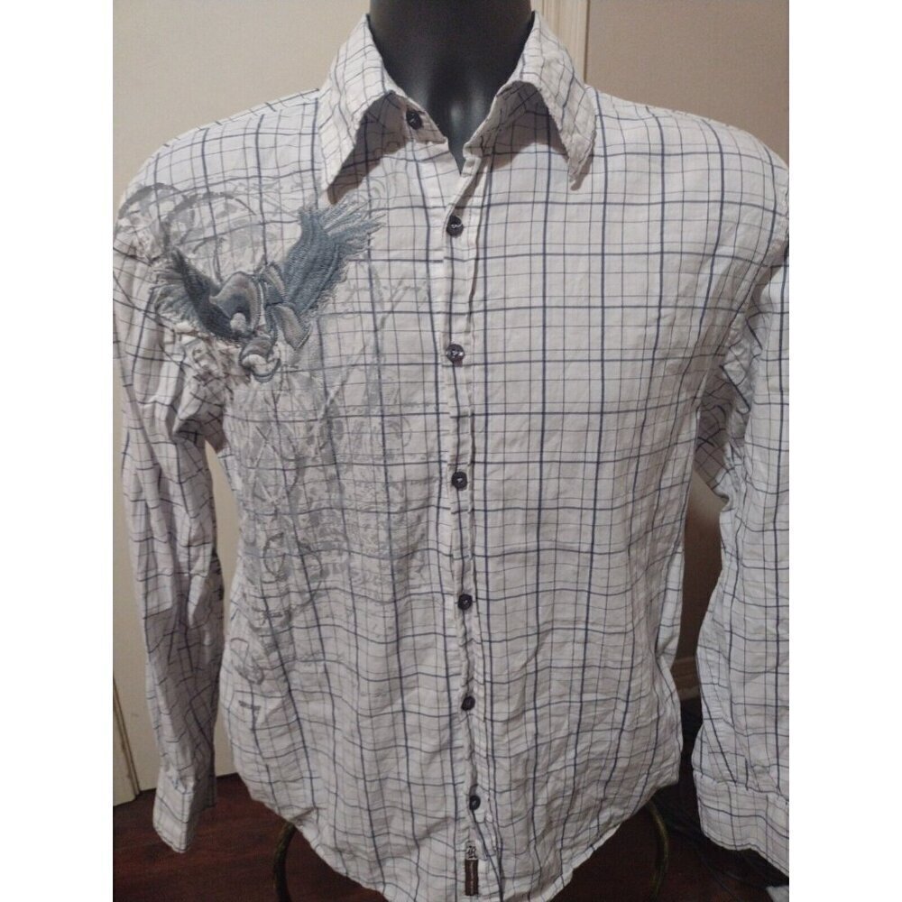 Roar Enough Excuses Men's Medium M Embroidery Button Shirt White Plaid L/S